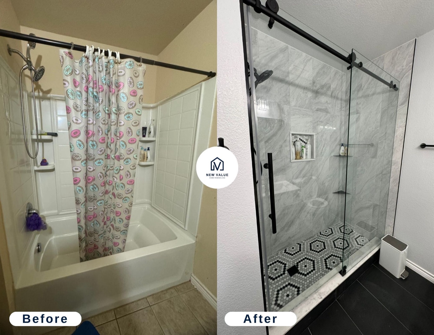 Bathroom before and after:tub-to-shower conversion with marble tile and glass enclosure