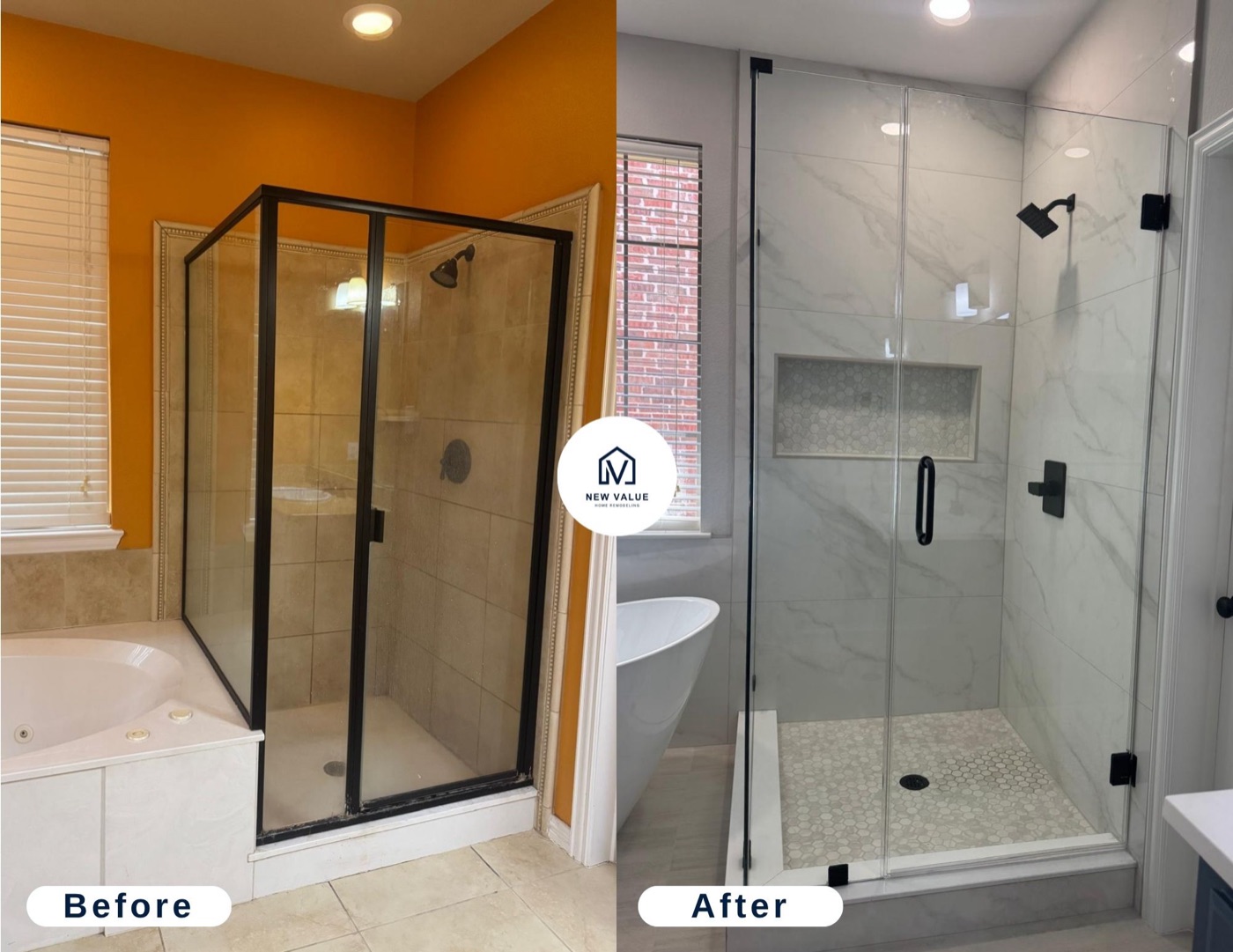 Master bathroom before and after:walk-in marble shower with freestanding soaking tub