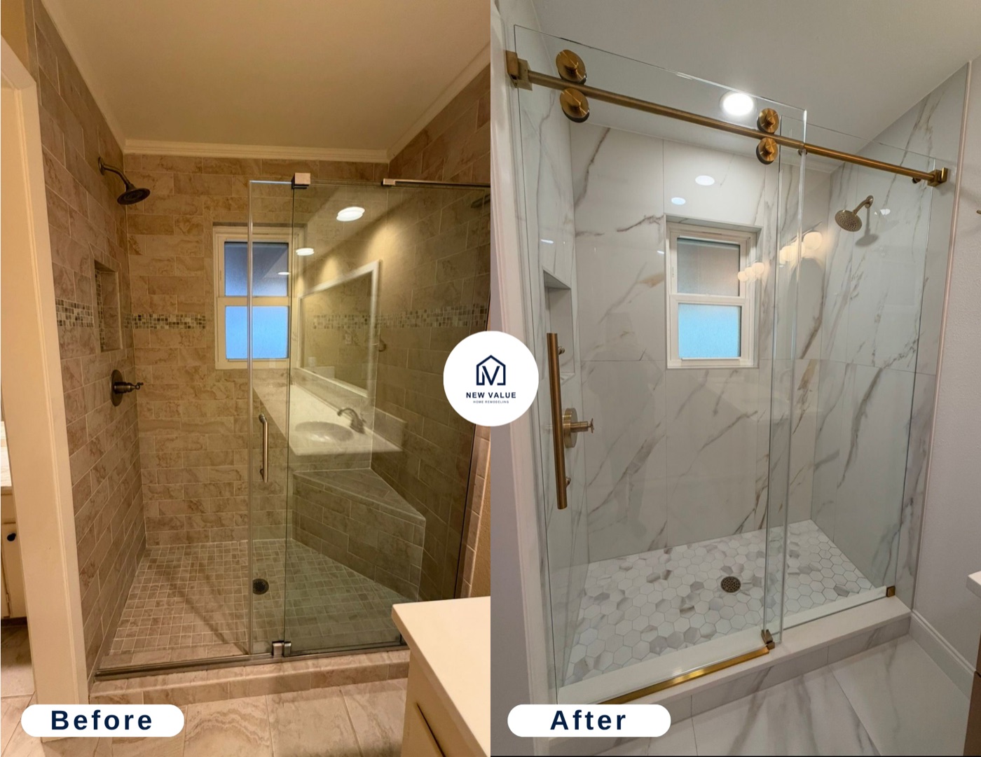 Bathroom before and after: frameless walk-in shower with white marble tile and gold fixtures