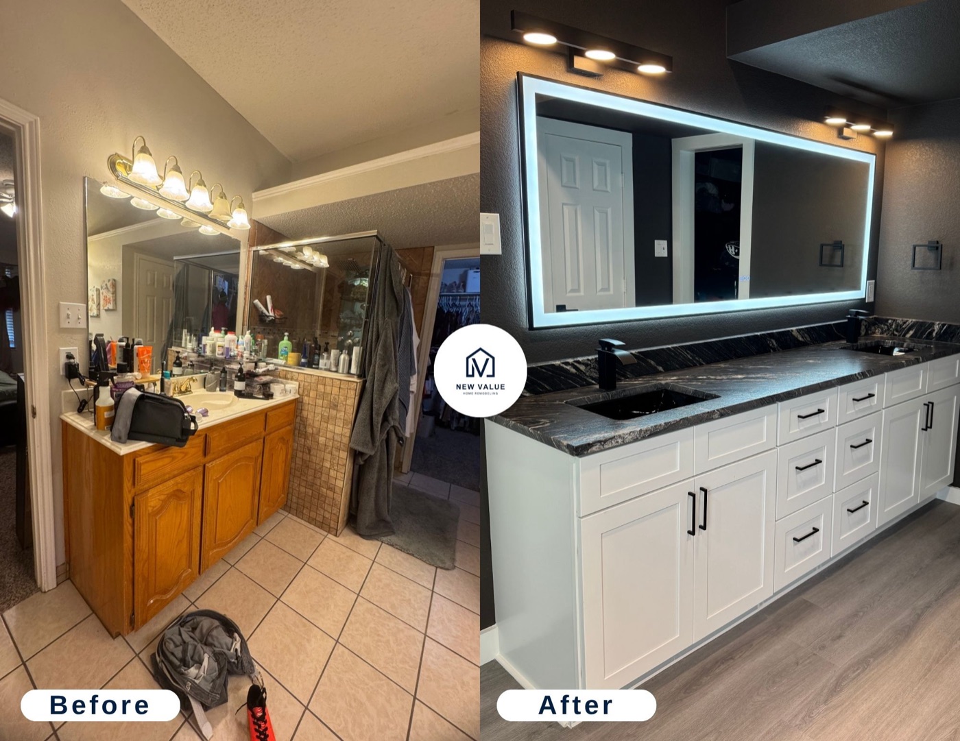 Bathroom vanity before and after:white cabinets, quartz counter and LED mirror