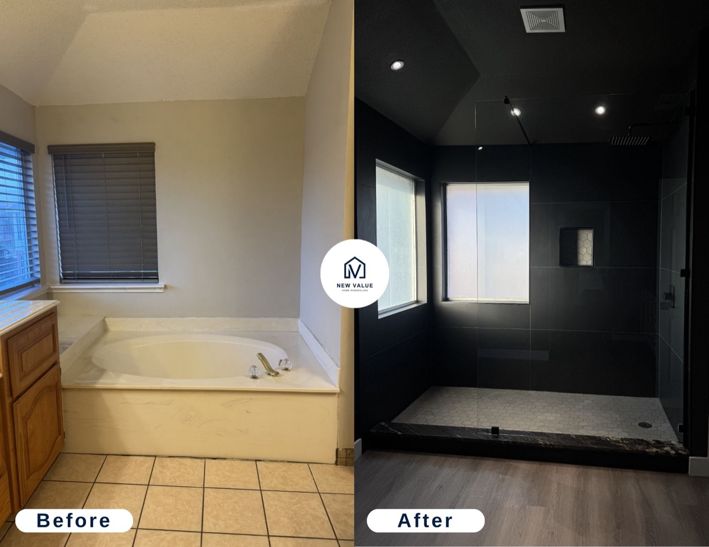 Bathroom before and after:modern black-tile walk-in shower