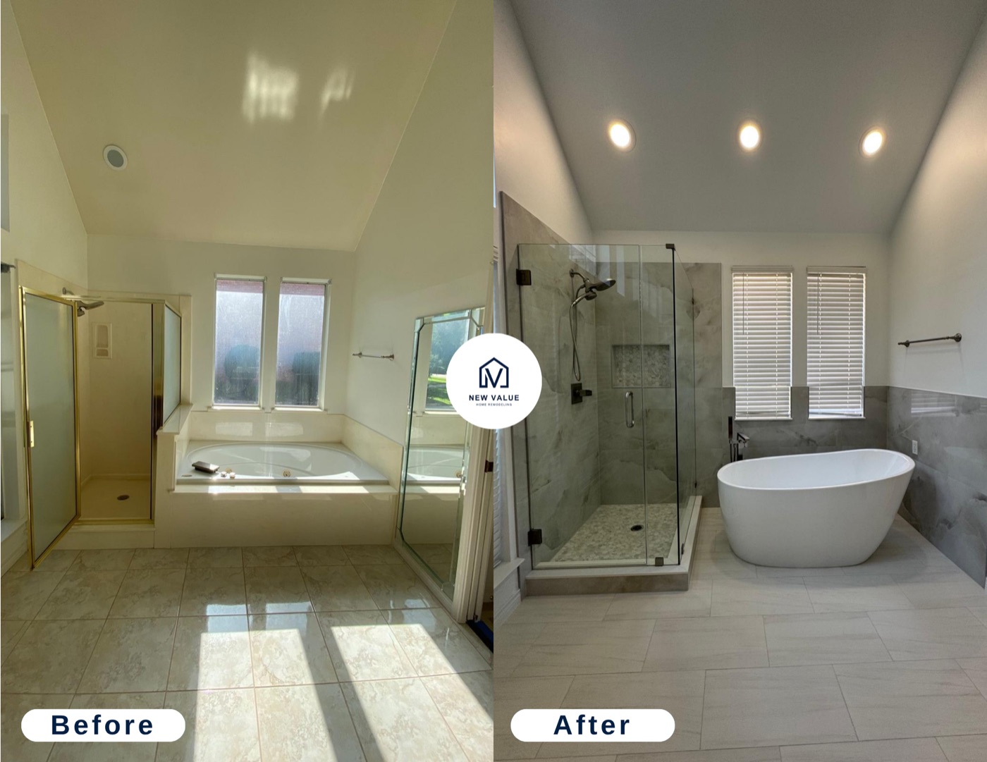 Master bathroom before and after: freestanding soaking tub and frameless glass shower
